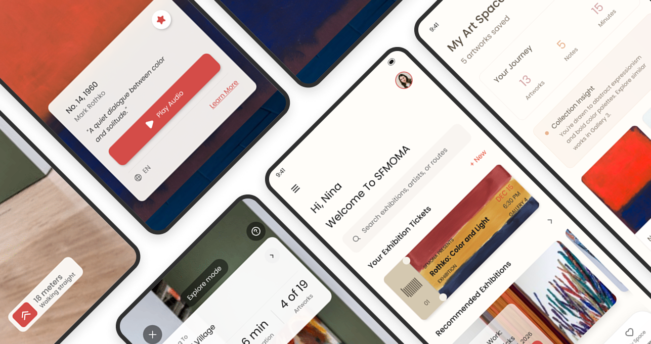 SeeMOMA app screens: artwork explanation, personal art space, and AR navigation