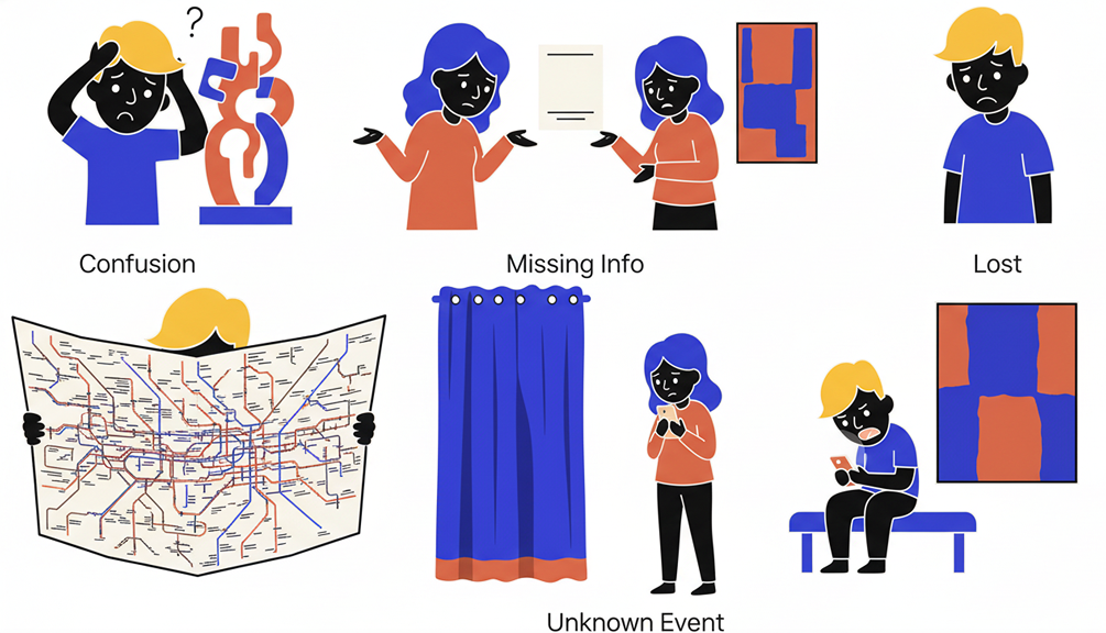 Illustrations of museum visitor pain points: confusion, missing info, lost, and unknown event