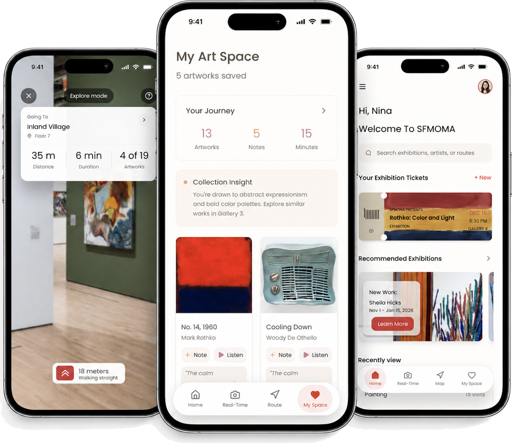 SeeMOMA app screens: AR navigation, personal art space, and home