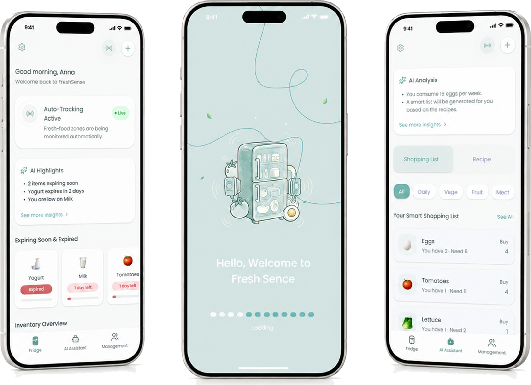 FreshSense app screens: home, fridge welcome, and smart shopping list