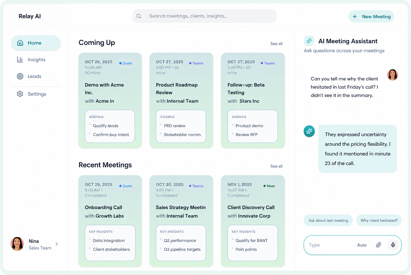 Relay app: meeting list with live transcript and AI summary